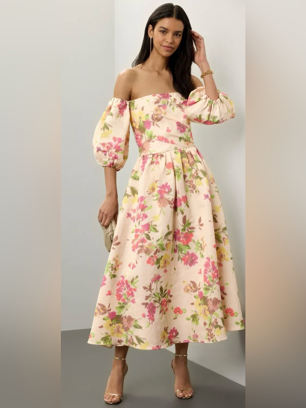 Shoshanna Zarah Floral Off Shoulder Puff Sleeve Midi Dress Size 4 Feminine